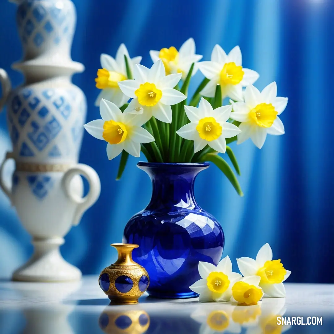Blue vase with yellow and white flowers in it and a vase with yellow. Color #FFF600.
