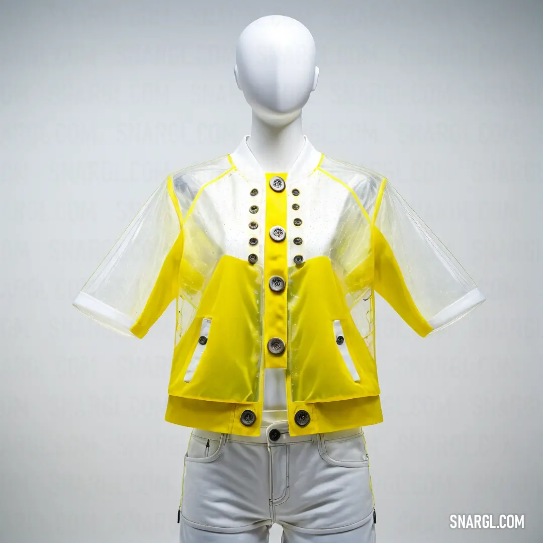 Mannequin wearing a yellow jacket and white pants with buttons on it's chest and a white shirt. Example of Cadmium yellow color.