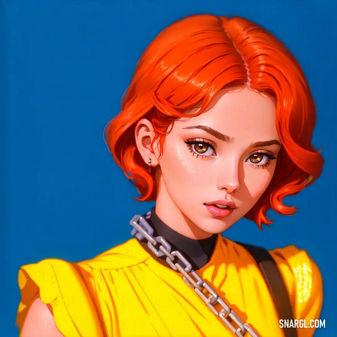 Digital painting of a woman with red hair and a yellow dress with a chain around her neck and a blue background
