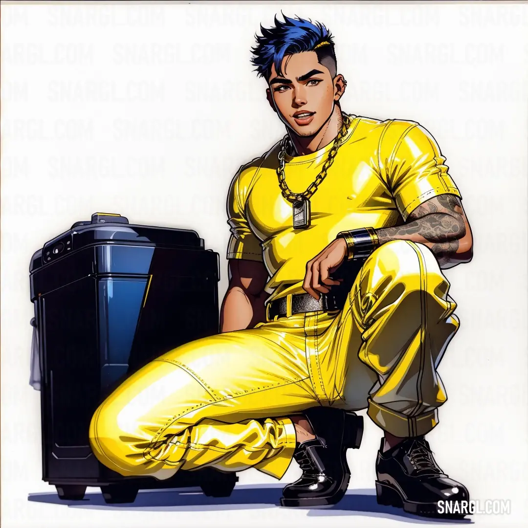 Man in yellow is next to a suitcase and a chain necklace on his neck and arm