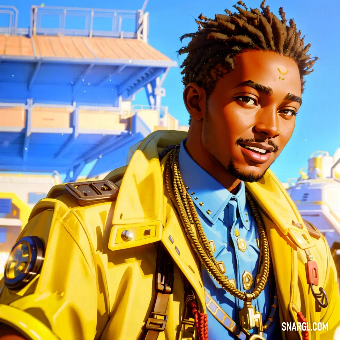 Man with dreadlocks and a yellow jacket on in front of a stadium looking at the camera