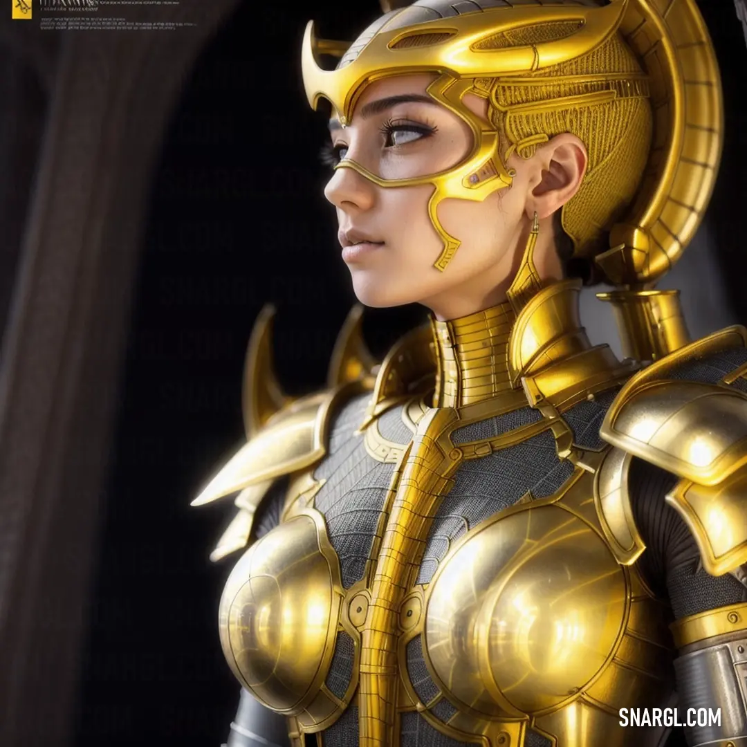 Woman in a gold armor and helmet with horns on her head and a black background