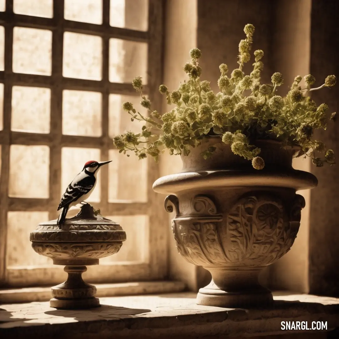 Bird is perched on a vase with flowers in it and a window behind it with a grid pattern. Example of Cafe au lait color.