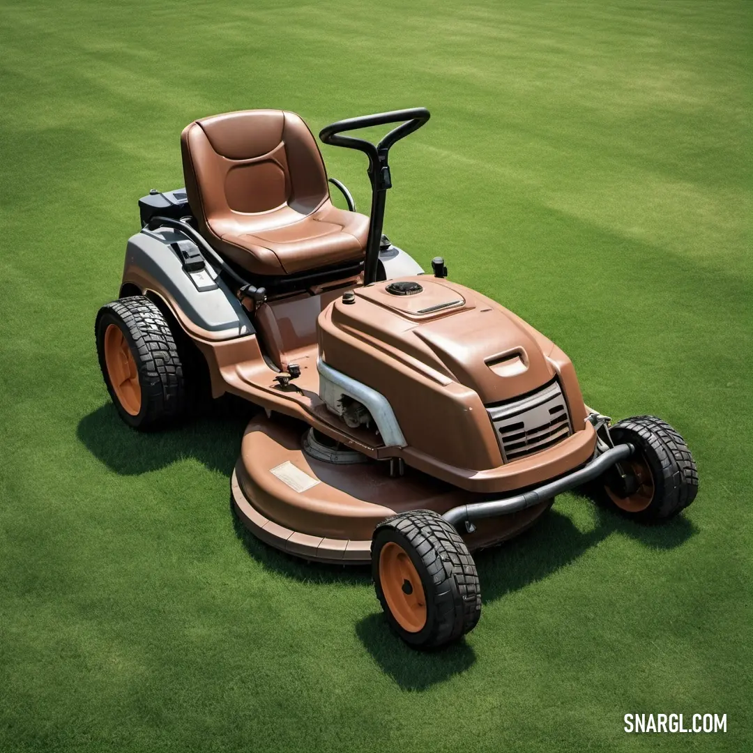 Cafe au lait color example: Lawn mower on a green lawn with a brown seat on it's side, on a sunny day
