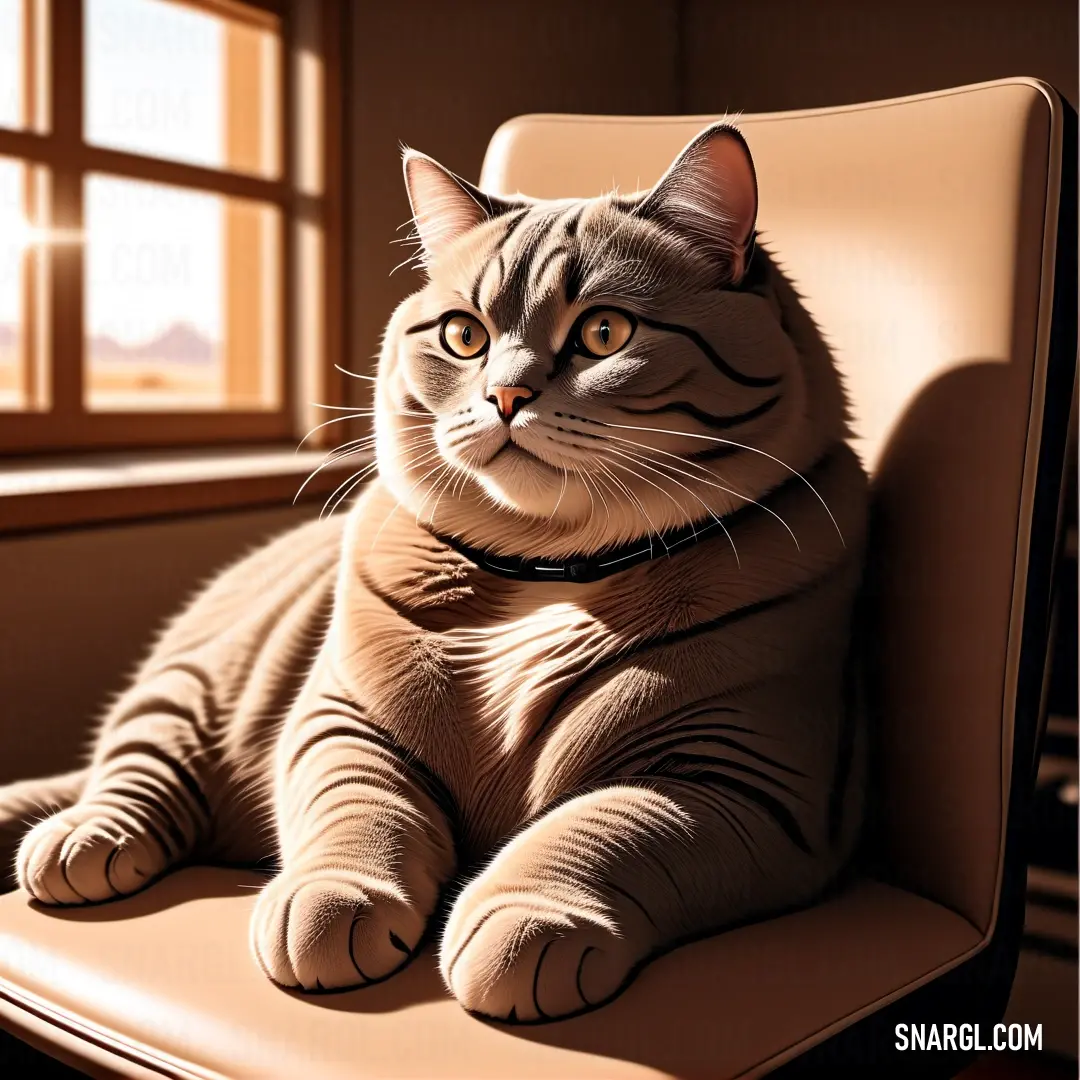 Cat on a chair in front of a window with a cat collar on it's neck. Example of Cafe au lait color.