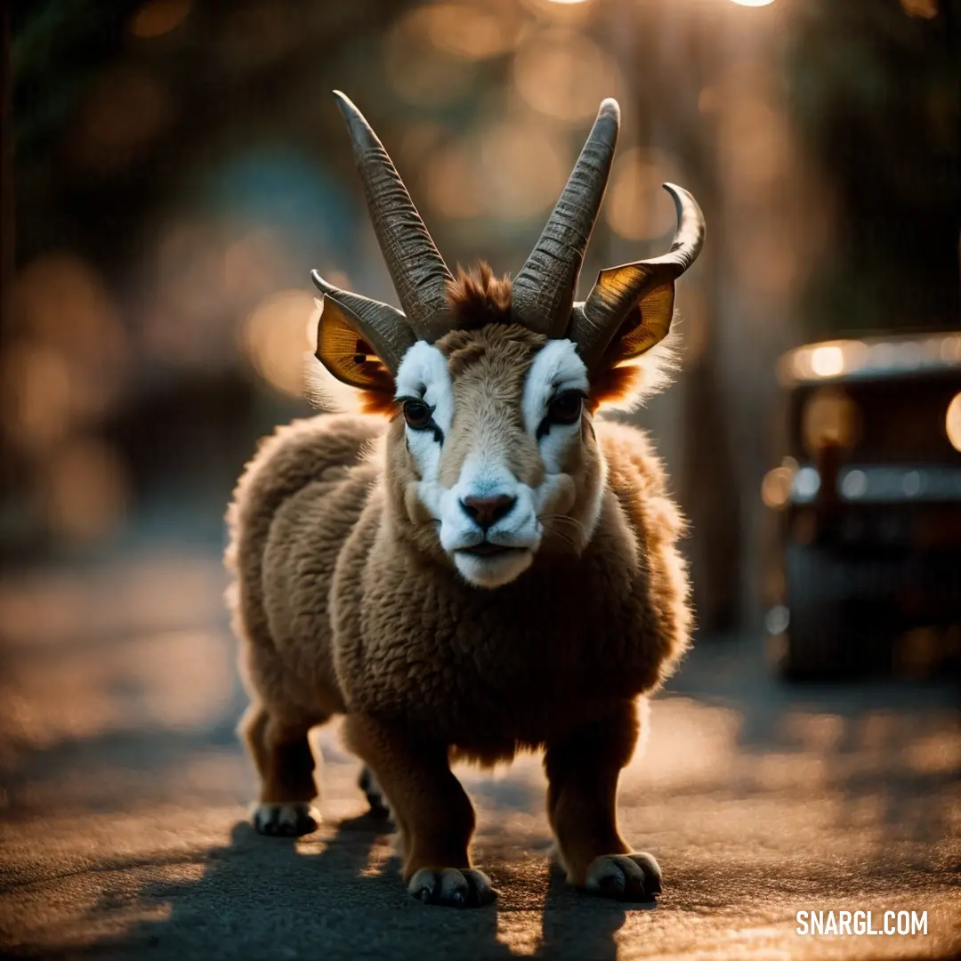 Goat with horns standing on a street next to a car and a trunk