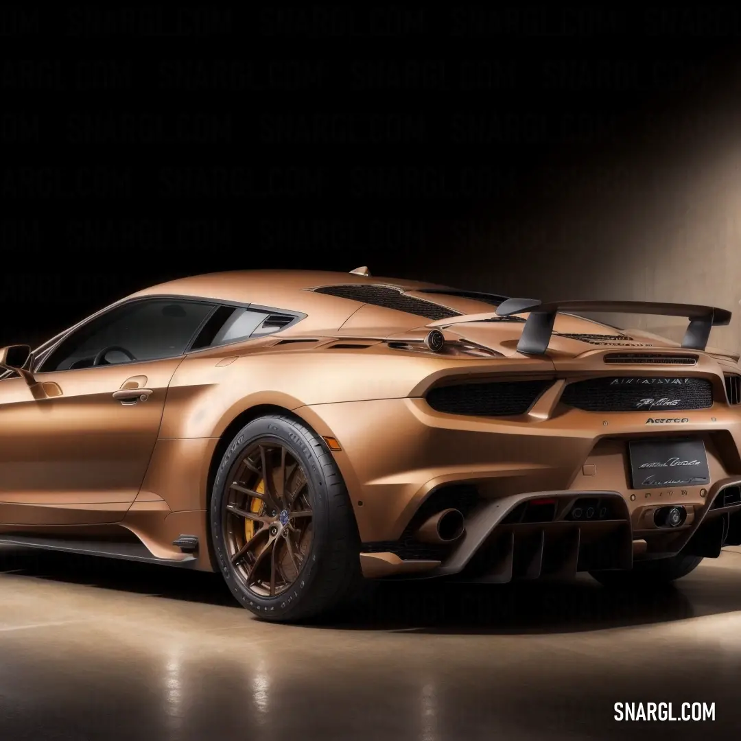Gold sports car parked in a dark room with a black background and a spotlight on the floor behind it