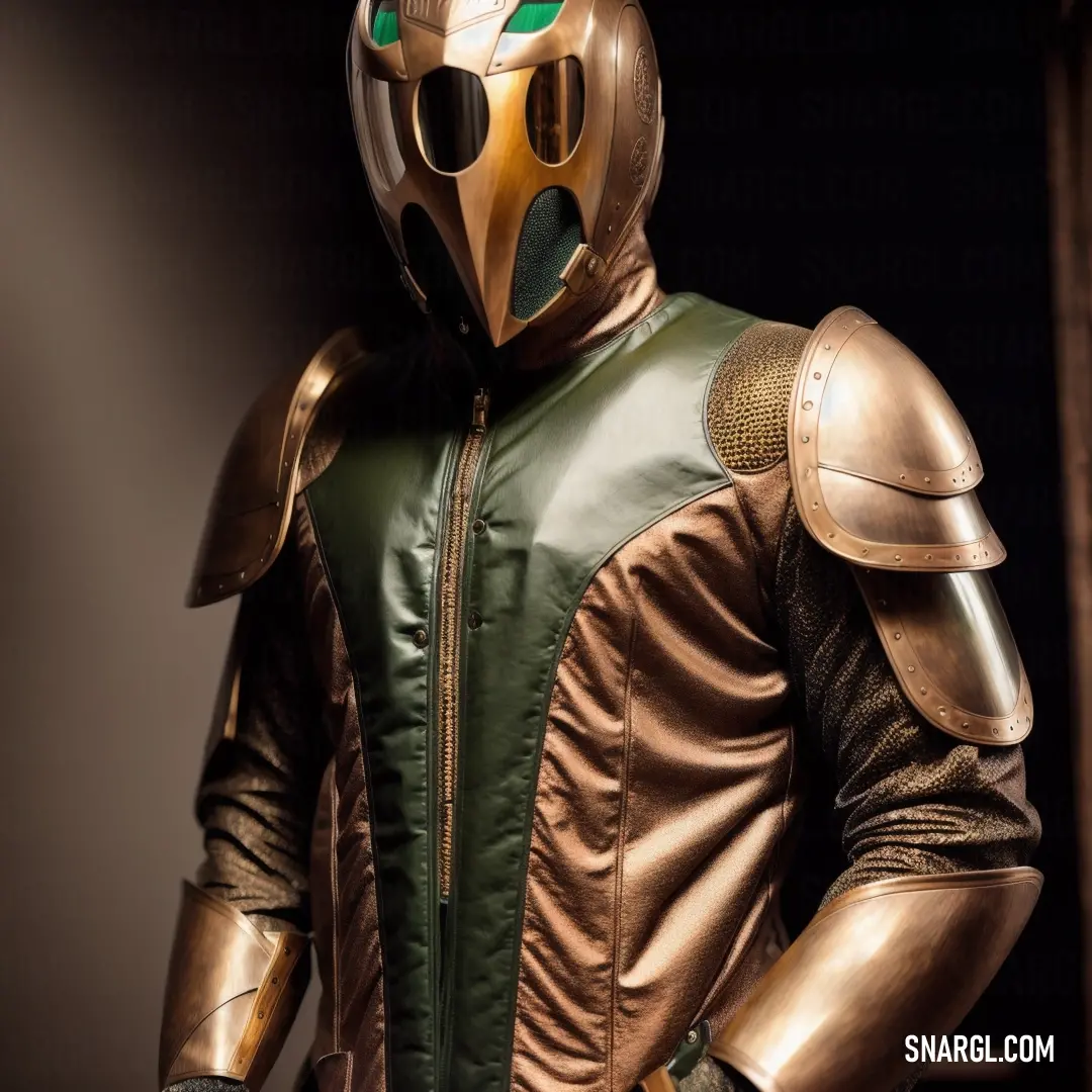 Man in a gold and green costume is standing in a doorway with his hands on his hips