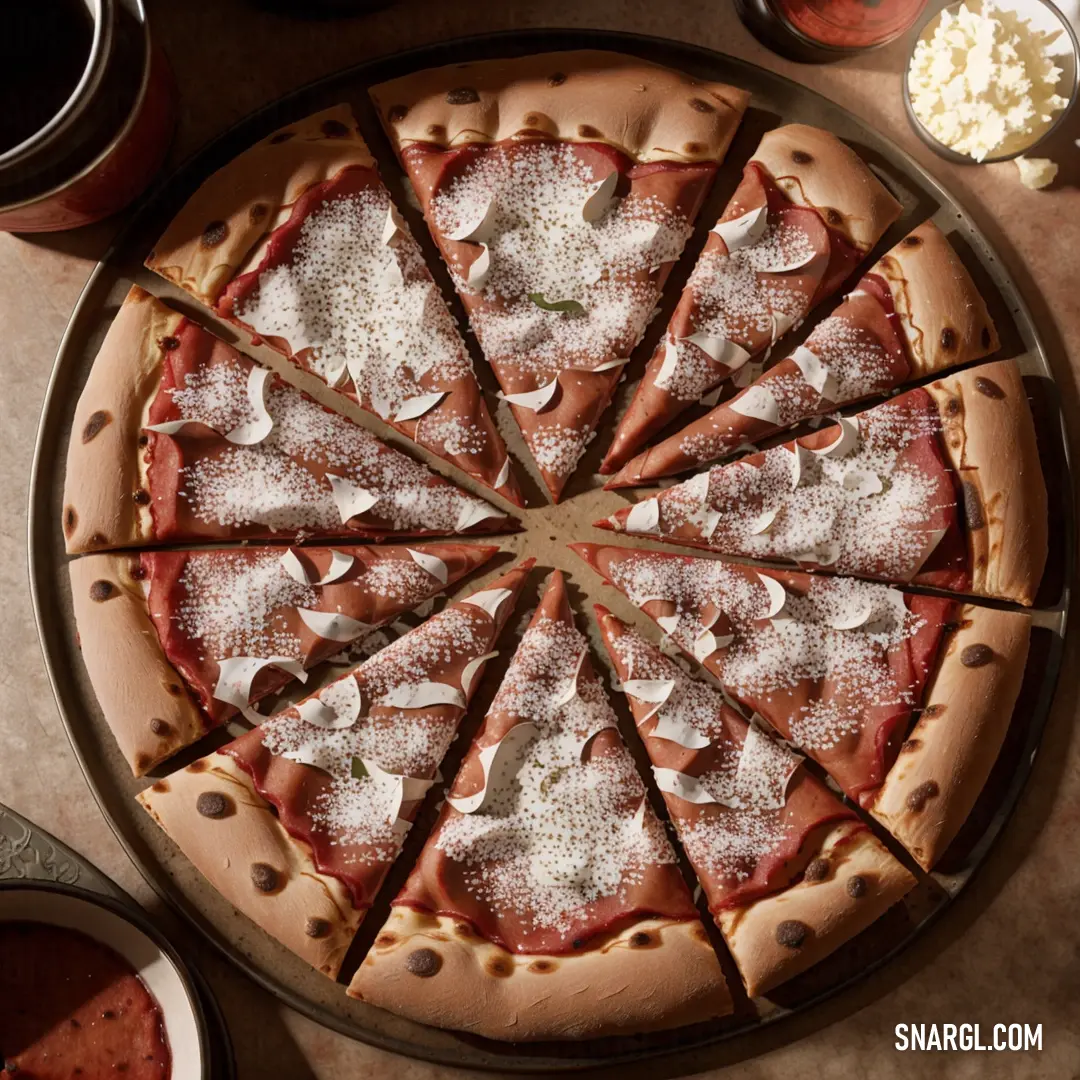 Pizza with a lot of toppings on it on a table next to a bowl of sauces. Color Cafe au lait.