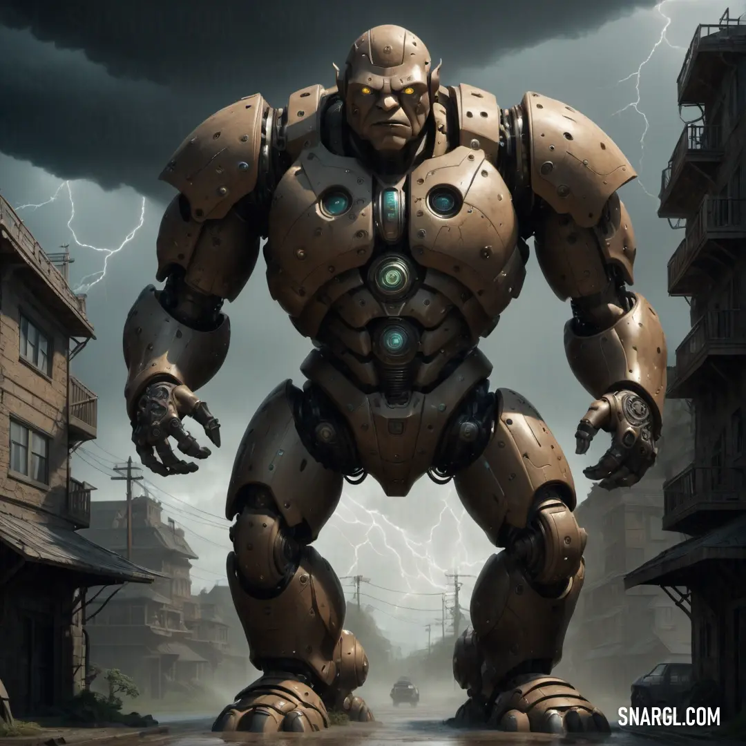 Giant robot standing in a city street with a lightning in the background. Color #4B3621.