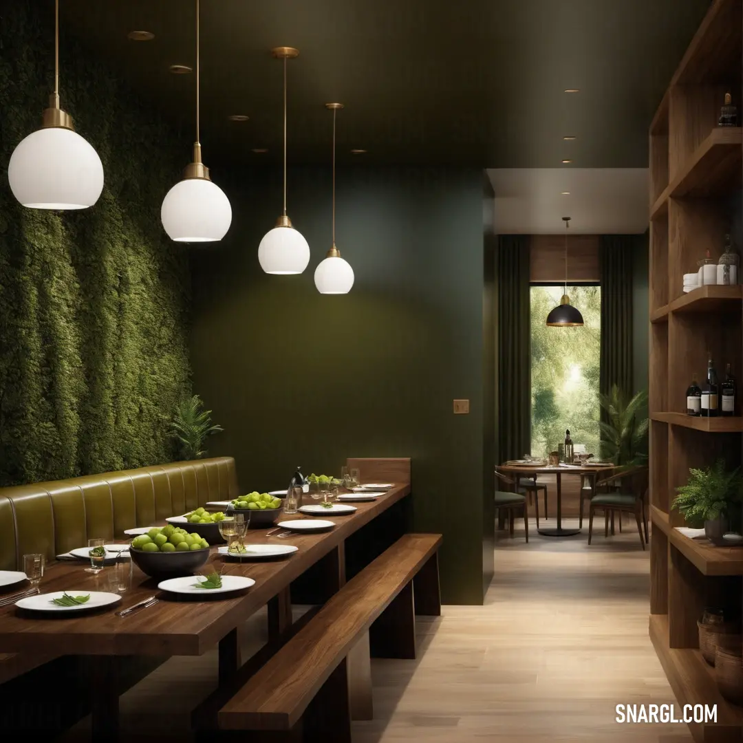 Long table with plates of food on it in a room with green walls and a wooden floor and shelves. Color RGB 75,54,33.