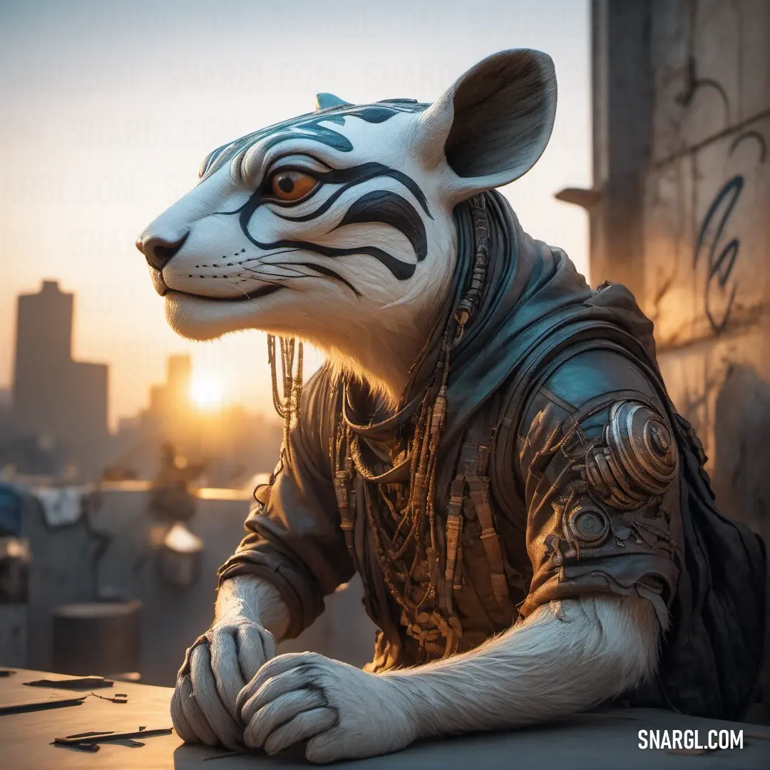 Statue of a tiger wearing a leather jacket and a leather vest sits on a ledge in front of a city skyline. Example of CMYK 0,28,56,71 color.