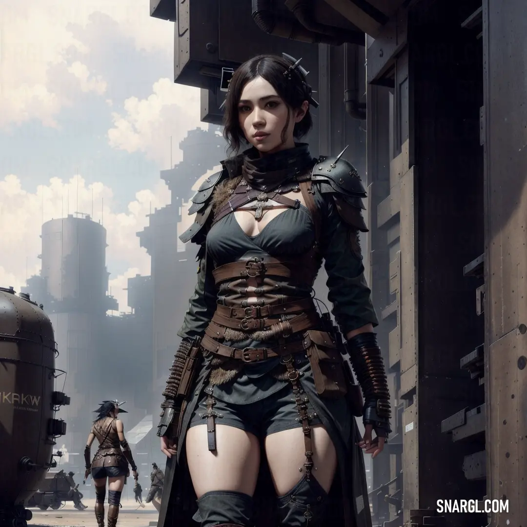 Woman in a cosplay standing in a city street with a gun in her hand