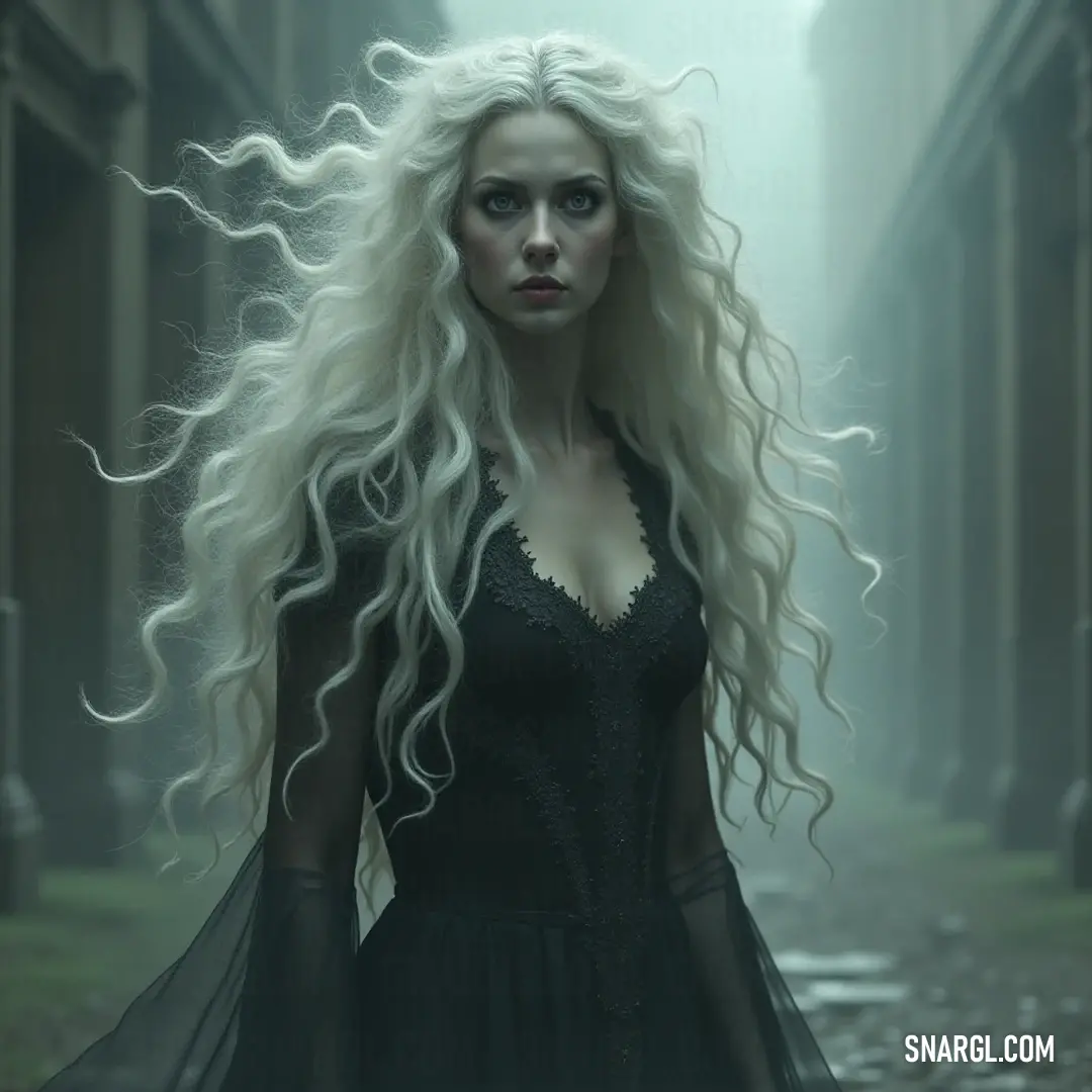 A mysterious figure adorned in black stands still in a foggy alley, her long white hair illuminating the darkness and inviting curiosity into the unseen. In a shadowy alleyway enveloped in fog, a figure with long white hair stands shrouded in mystery, her elegant black dress merging with the dark surroundings. The atmosphere pulses with intrigue as shadows dance around her.