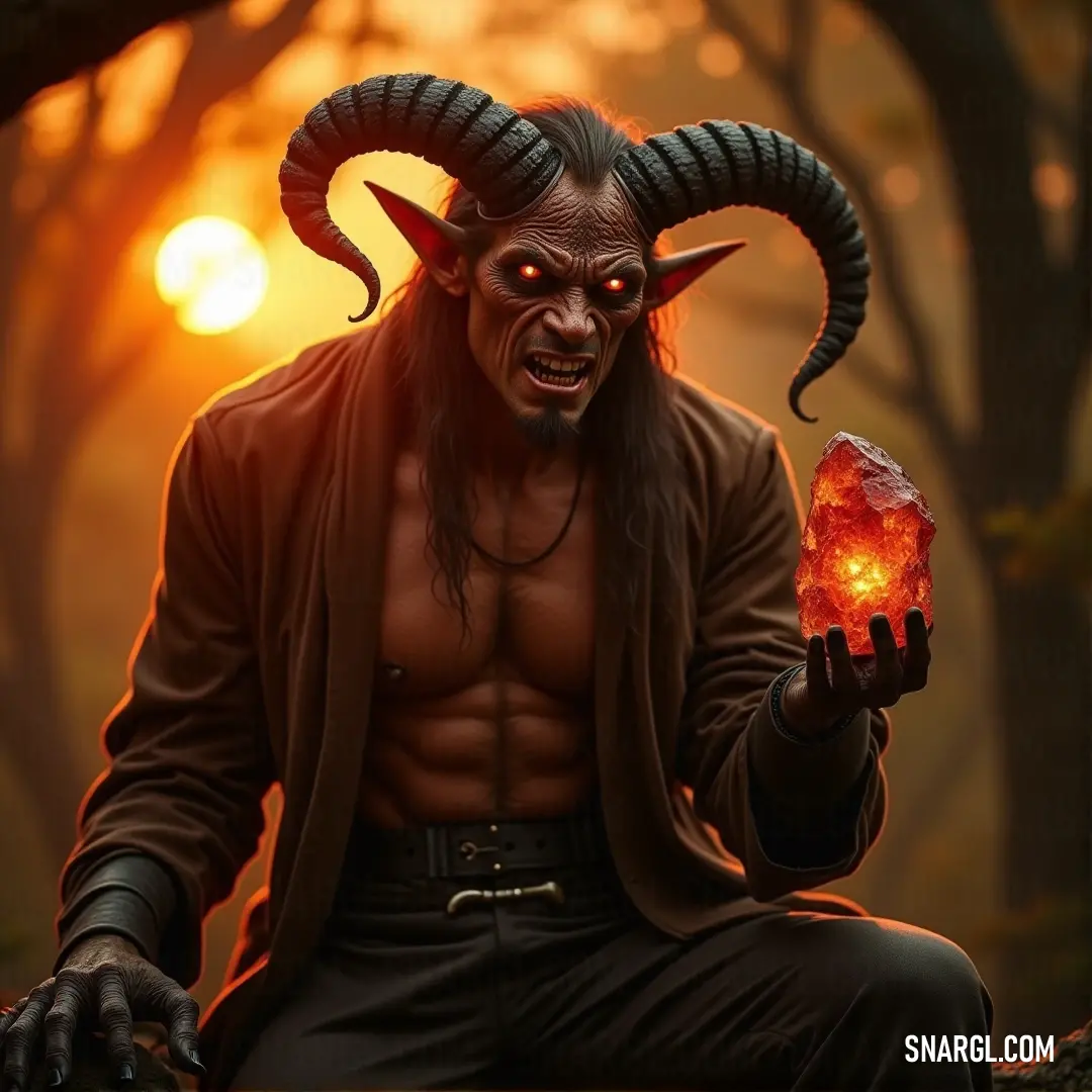 A horned figure standing on a rock in a forest, holding a crystal ball as the sun sets. A powerful figure with horns stands on a jagged rock in a dense forest, clutching a glowing crystal ball. The warm, golden hues of the sunset filter through the trees, casting an ethereal glow on the mysterious scene.