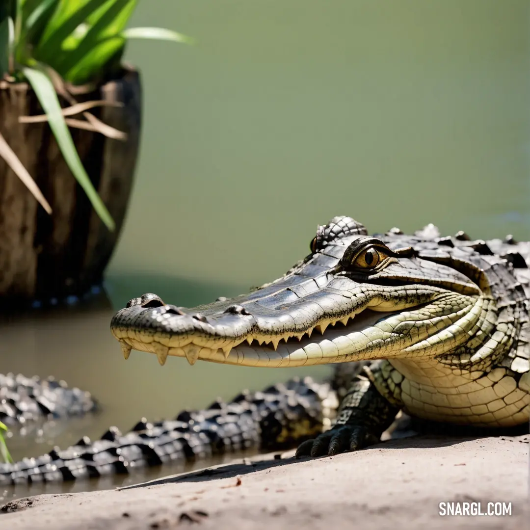 Large alligator is on the ground next to a plant and water in a potted planter