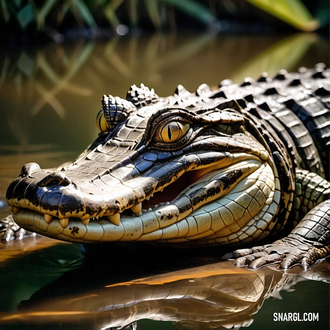 Large alligator is laying on the water's edge