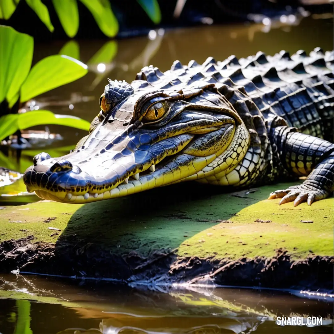 Large alligator is laying on a green surface in the water and is looking at the camera with a smile
