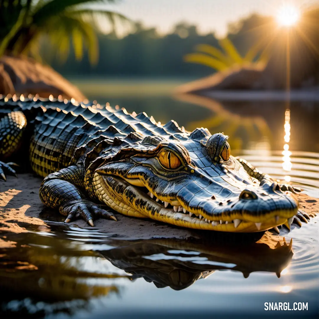 Large alligator is laying in the water near the shore of a lake at sunset or dawn or dawn