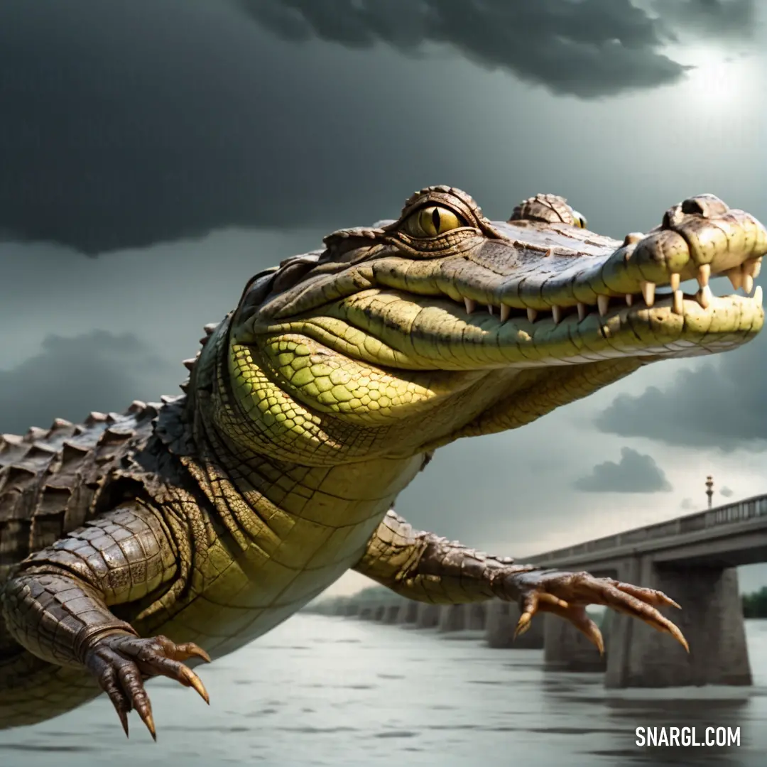 Large alligator is standing in the water near a bridge and a cloudy sky is in the background