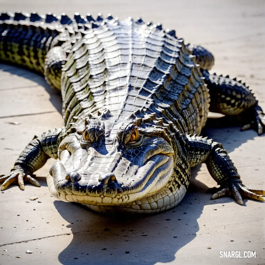 Large alligator laying on the ground with its eyes open and it's head turned to the side