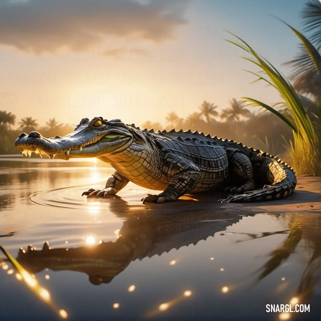 Large alligator on top of a body of water next to a forest of palm trees and a sunset