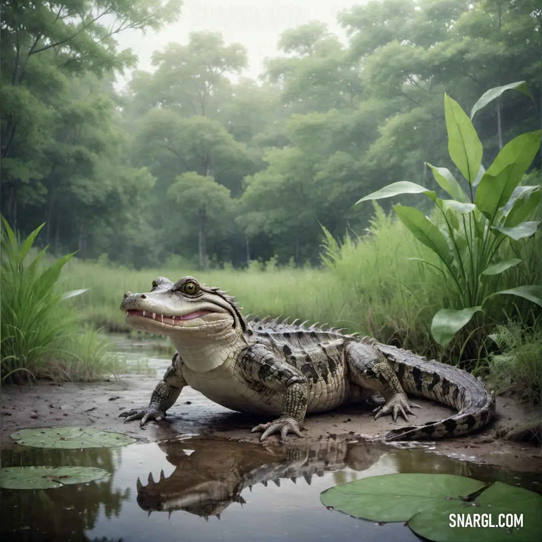 Large alligator on top of a puddle of water next to a forest filled with green plants and trees