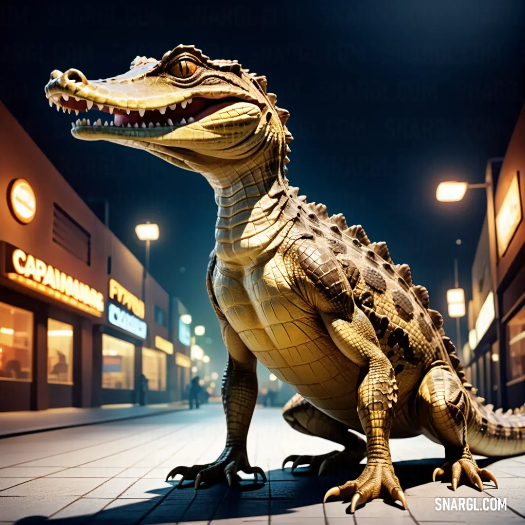 Large gold alligator statue on a sidewalk in front of a store front at night time with lights on