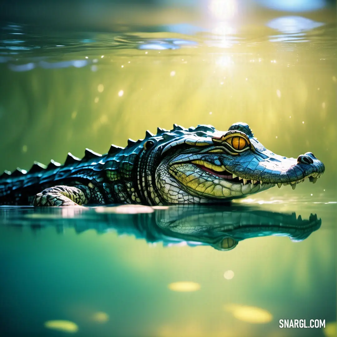 Painting of a crocodile swimming in the water with sunlight shining through the water's surface and a bright spot above the water