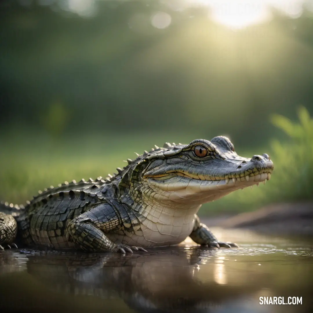 Small alligator is in the water and looking at the camera with a smile on its face and eyes