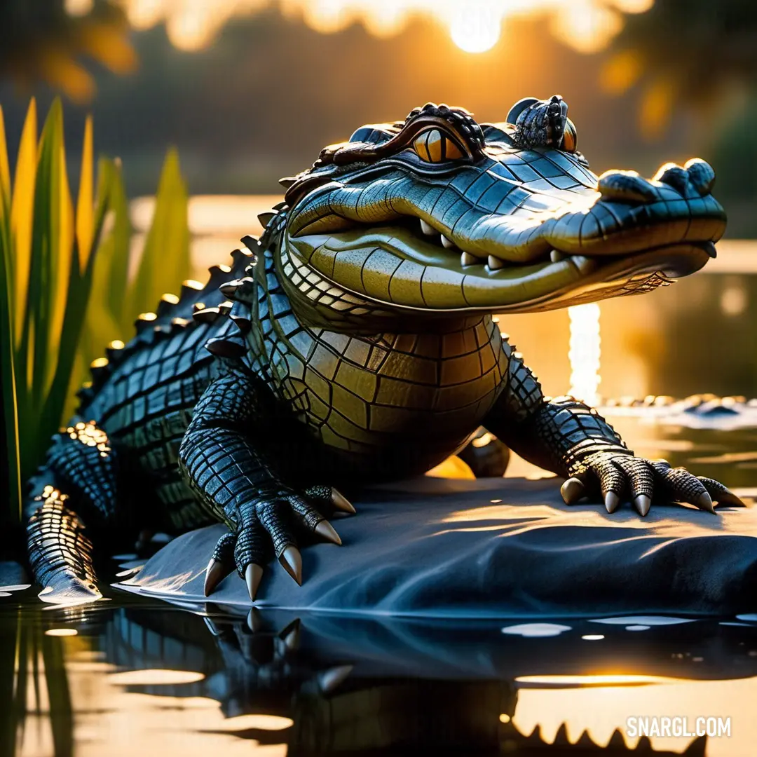 Statue of a crocodile in the water at sunset or dawn or dawn
