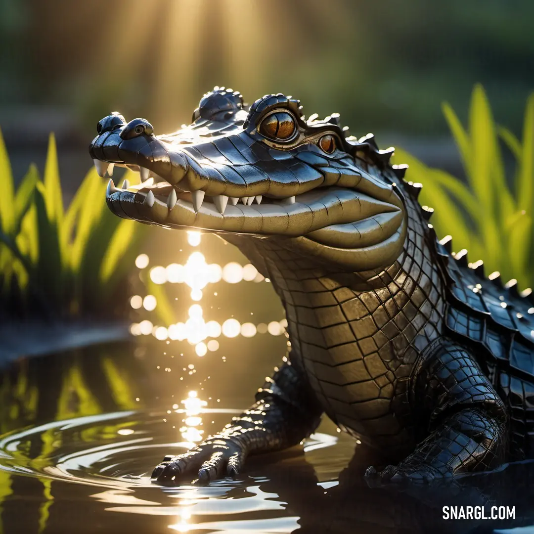 Toy alligator is in the water with the sun shining behind it and grass in the background