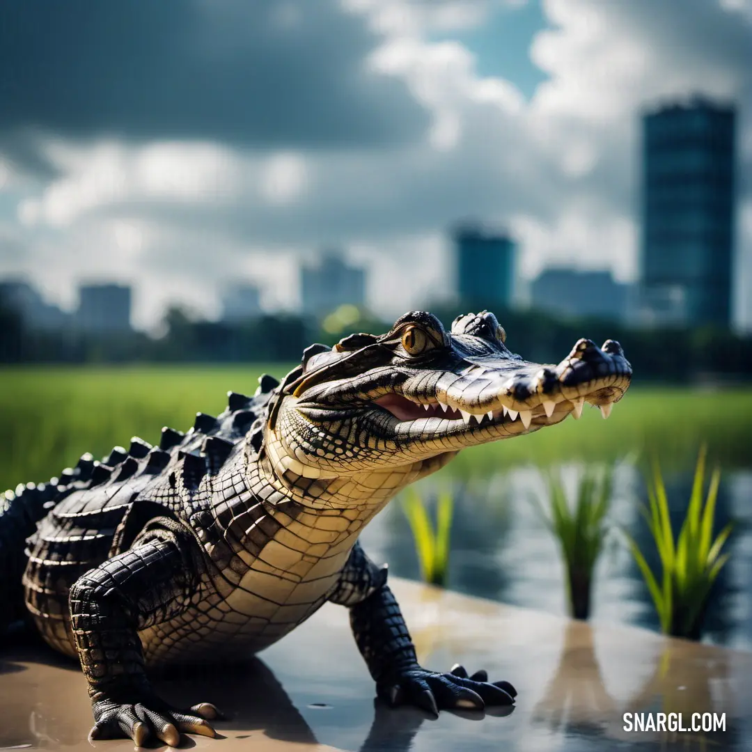 Toy alligator on a table in front of a body of water with a city in the background