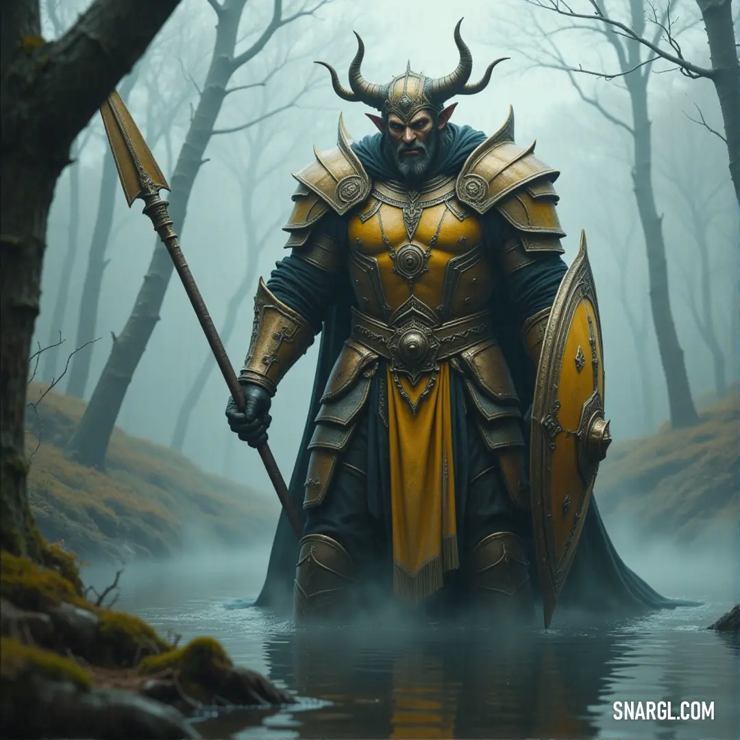 A warrior, adorned in detailed armor, stands in a foggy swamp with his sword and shield, facing the unknown. The dark waters mirror the tension in the air. A figure in an elaborate costume, wielding a sword and shield, stands in a murky swamp. The misty atmosphere around him hints at ancient battles fought and forgotten, as the weight of his armor presses into the wet ground, ready for what lies ahead.