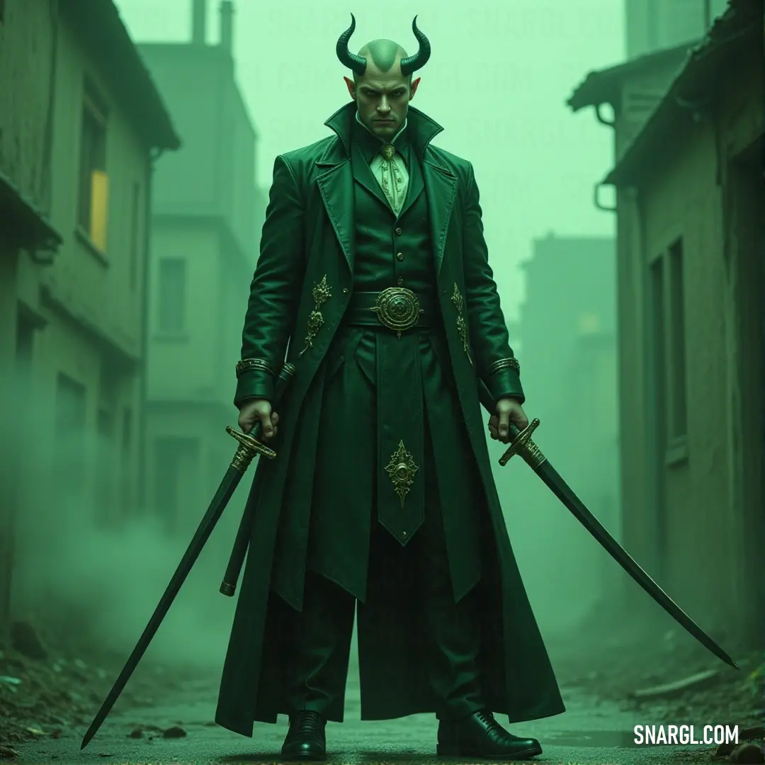 In the midst of a bustling street, Cain stands with two swords drawn, his green coat and hat making him a striking figure. The surrounding buildings provide a backdrop to his confident stance.