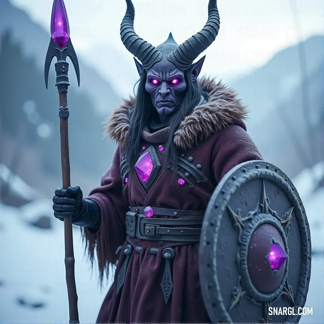 Clad in horns and wielding a powerful, glowing purple sword, this figure stands in an aura of mystery, where shadows and light dance in an unearthly interplay. A figure in a horned costume holds a glowing purple sword aloft, surrounded by a dark and mysterious environment. The energy of the weapon pulses, lighting up the shadows in dramatic contrast to the figure's intense stance.