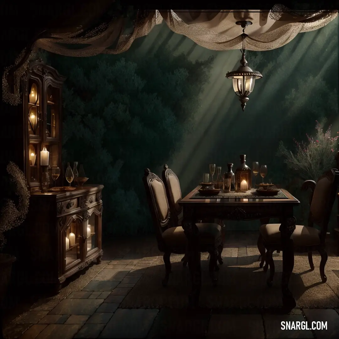 Dining room with a table and chairs and a chandelier hanging from the ceiling and a wall with a forest scene