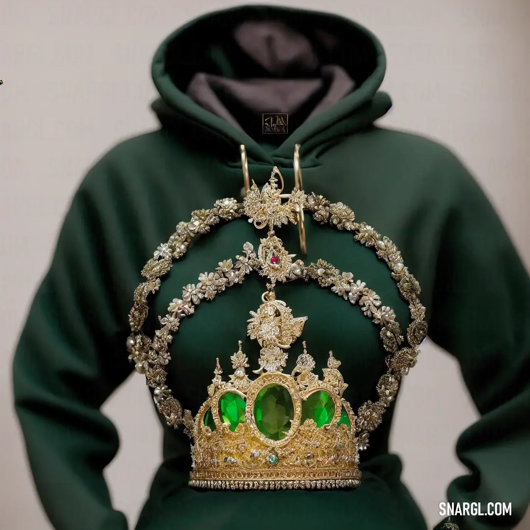 Green hooded sweatshirt with a crown on it's chest and a hoodie on it's back