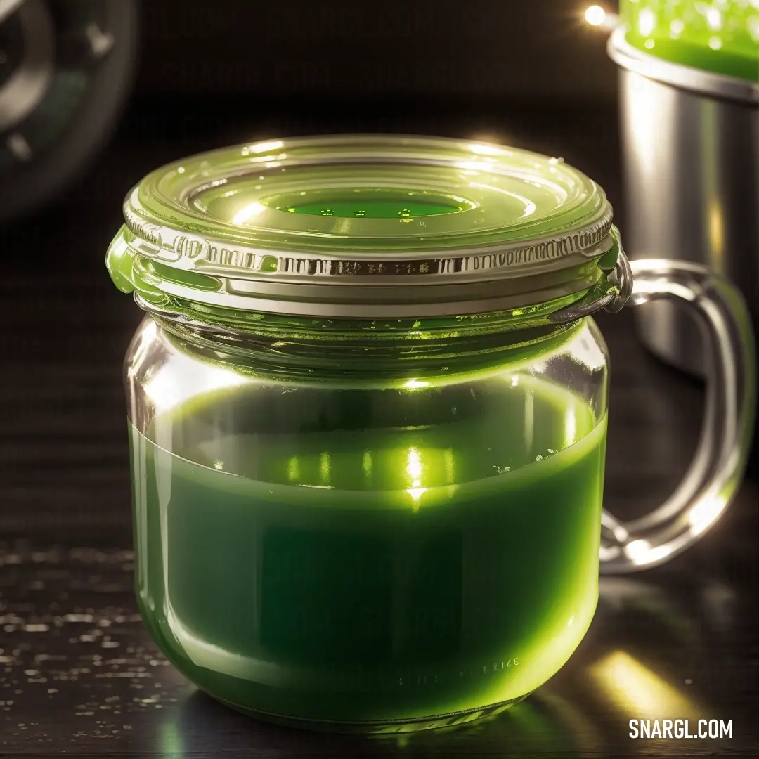 Green liquid in a glass jar on a table next to a cup of coffee and a spoon