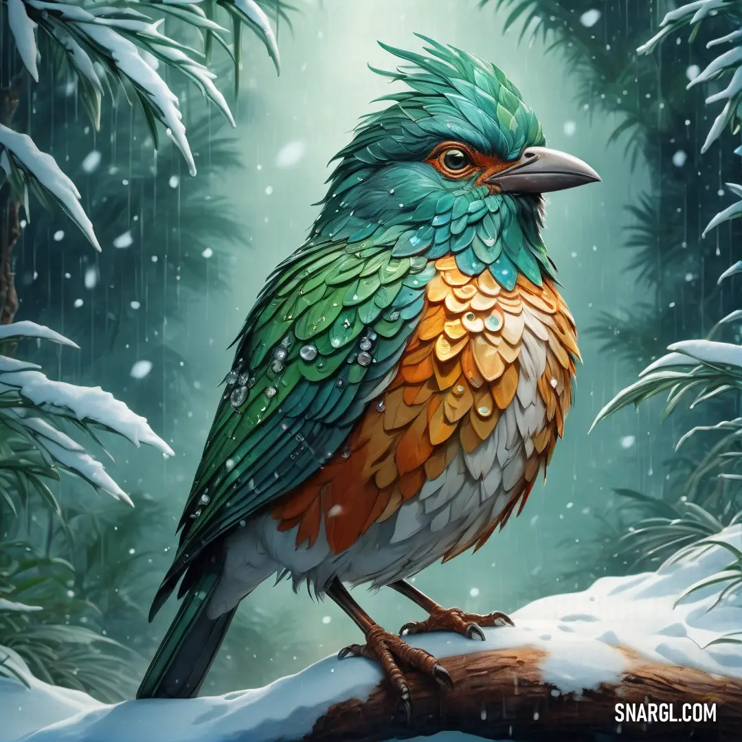 Caladrius on a branch in the snow with a green and orange feathers on it's head