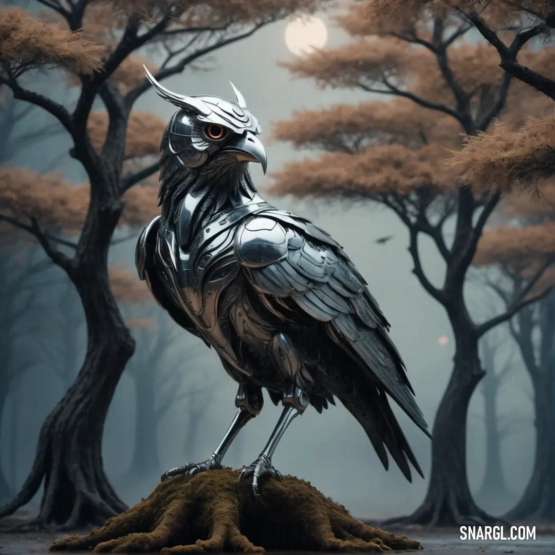 Bird with a helmet on standing on a rock in a forest with trees and moon in the background