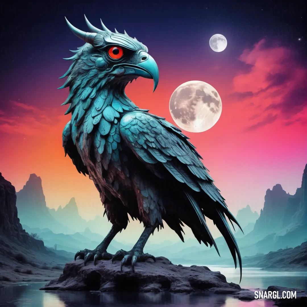 Bird with a red eye standing on a rock in front of a full moon and a lake with rocks