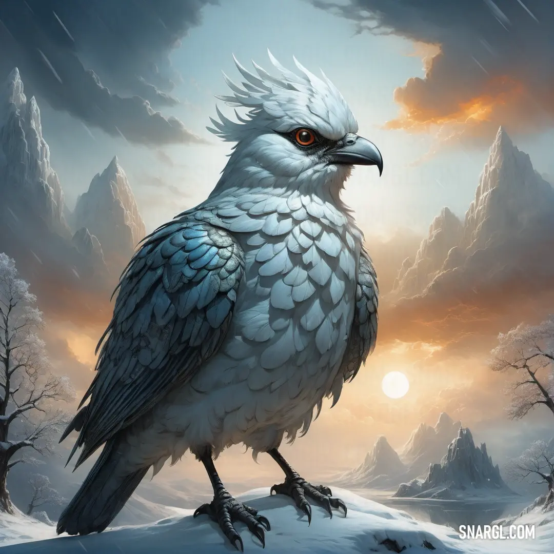 Caladrius with a white head and blue wings standing on a snowy hill with a sunset in the background