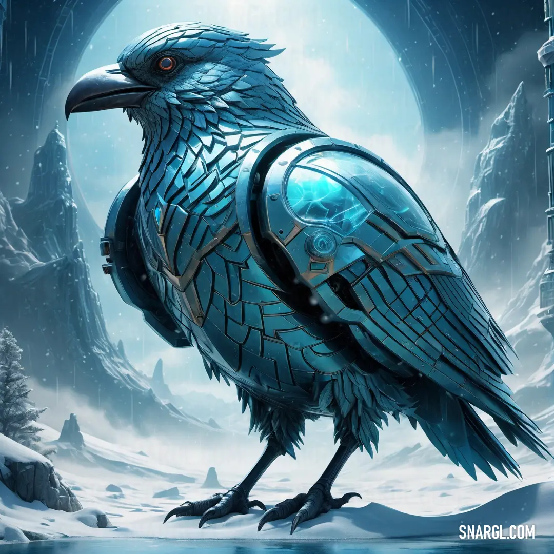 Blue Caladrius with a skull on its back standing in the snow in front of a snowy landscape with a moon