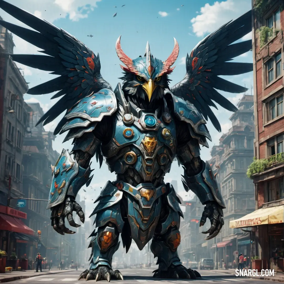 Giant Caladrius with wings standing in a city street with buildings and people in the background