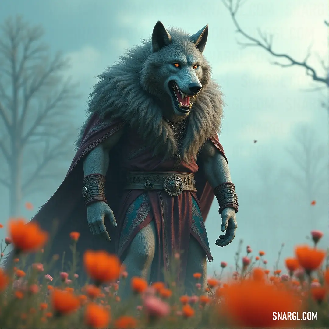 Caleb, draped in a striking red cape, stands gracefully in a vibrant field of flowers, with trees providing a soft backdrop. A figure named Caleb, wearing a bright red cape, stands in a field of colorful flowers. Behind him, the trees sway gently in the wind, creating a peaceful, picturesque scene.