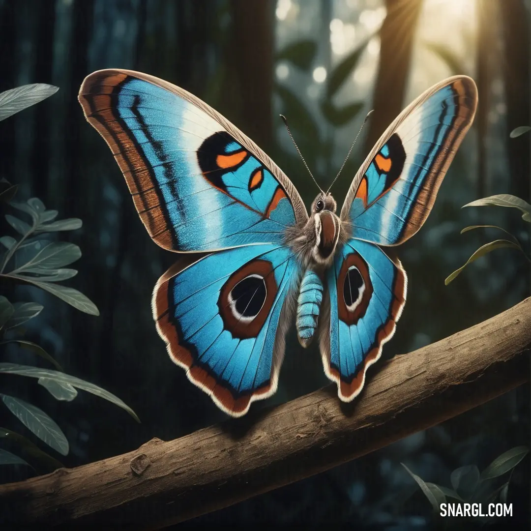 Blue butterfly with orange eyes on a branch in a forest with leaves and trees in the background