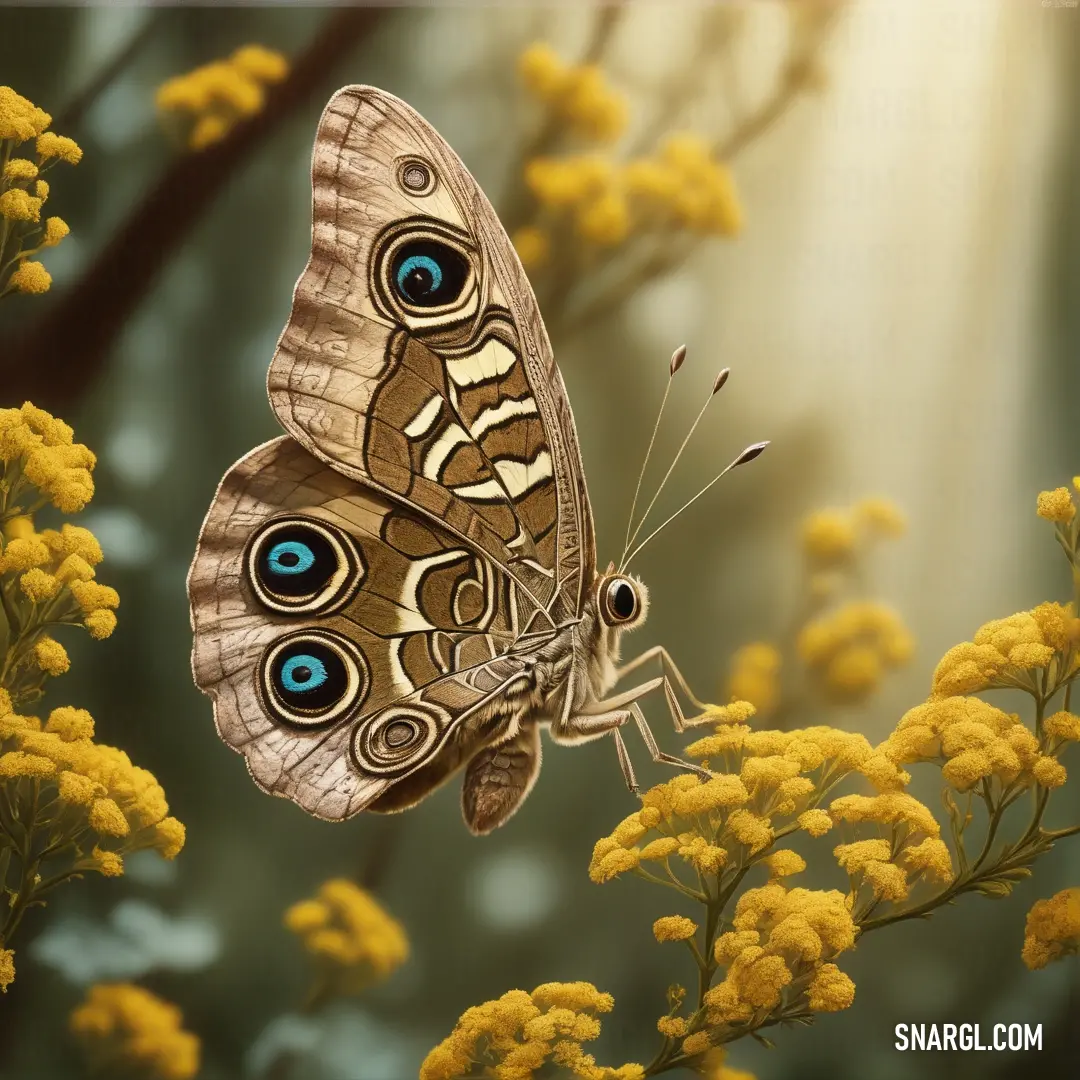 Butterfly with blue eyes is on a flower branch with yellow flowers in the background