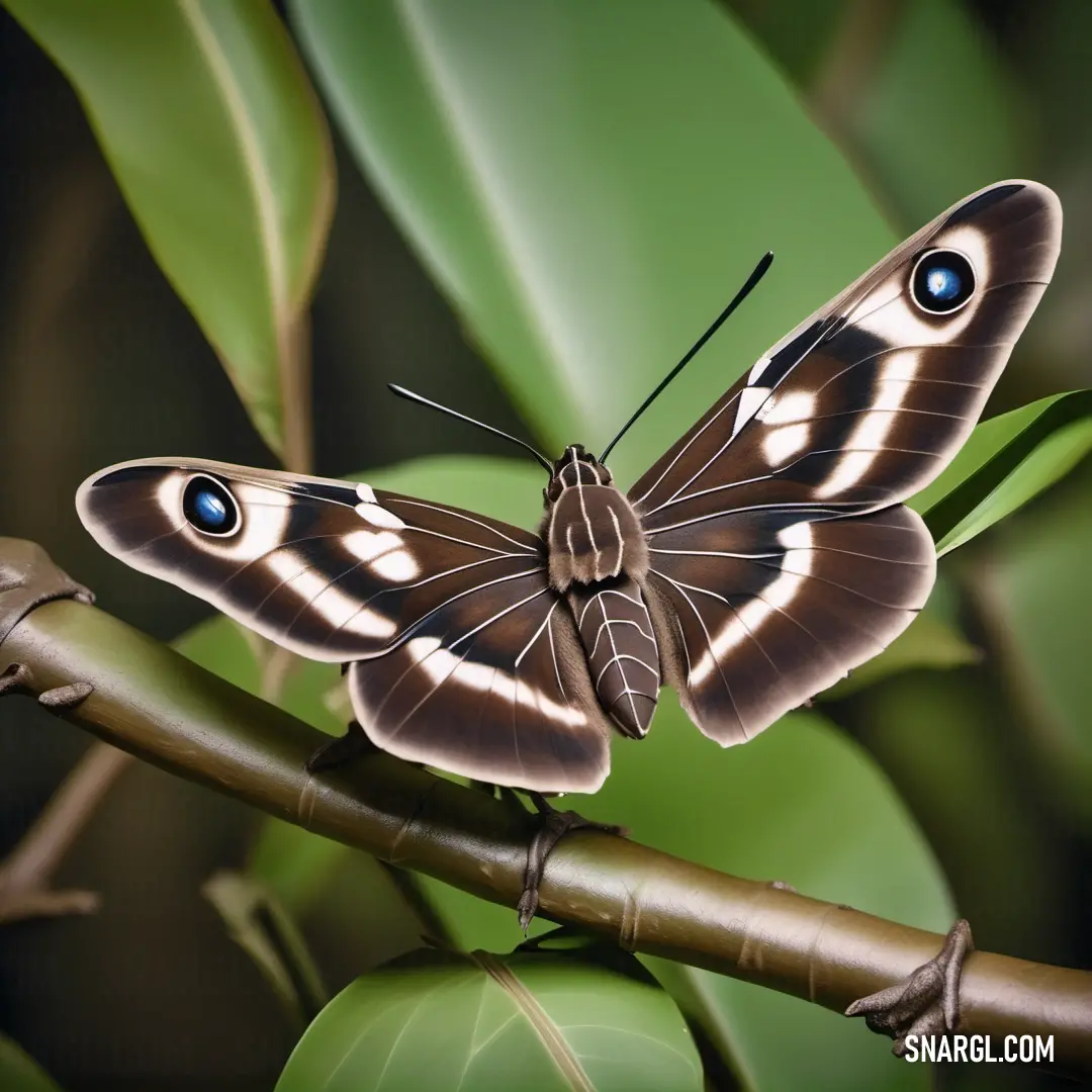 Butterfly with blue eyes on a branch of a plant with green leaves in the background