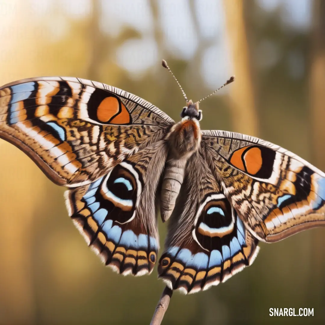 Butterfly with orange and blue wings on a stick with trees in the background